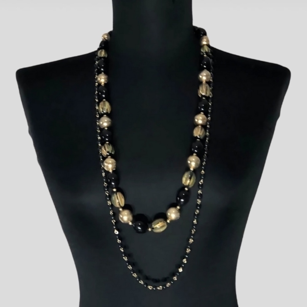 Vintage Beaded Multi Strand Necklace Earring Bangle Black Gold - Picture 2 of 6